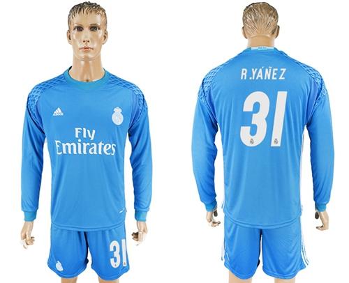 Real Madrid #31 R.Yanez Sky Blue Goalkeeper Long Sleeves Soccer Club Jersey